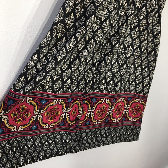 Yumi Black White Ikat Dress Border Print Tie Neck - Picture 11 of 16